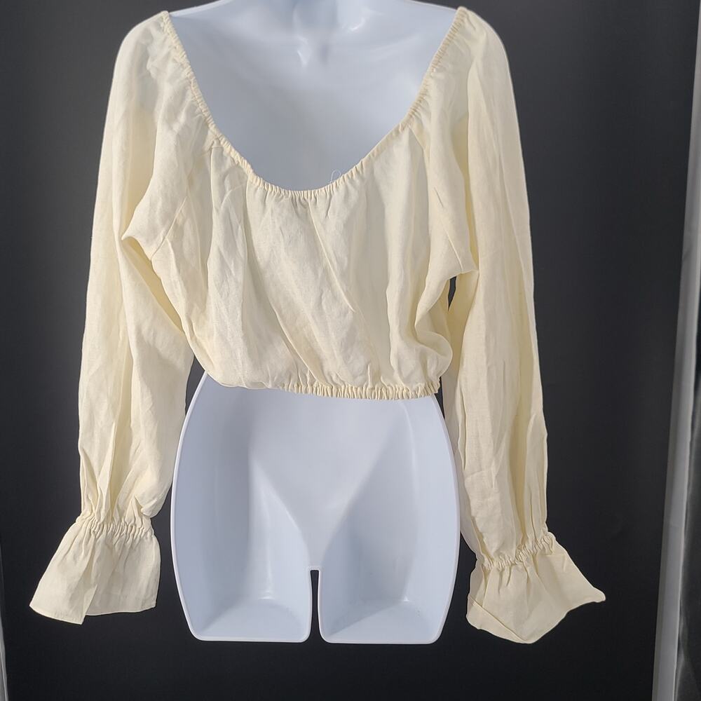 Weworewhat Linen crop resort wear puffy sleeve milkmaid tie front top Sze Small - Picture 3 of 6